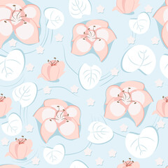 Seamless pattern of flowers on water in blue and pink colors. Vector illustration EPS8