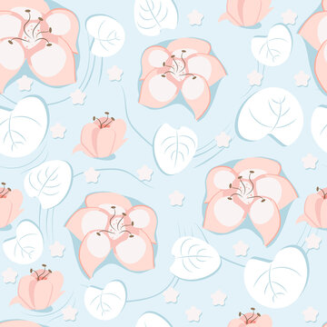 Seamless pattern of flowers on water in blue and pink colors. Vector illustration EPS8 © Tatyana