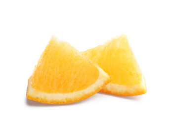 Fototapeta na wymiar Pieces of fresh juicy orange isolated on white background