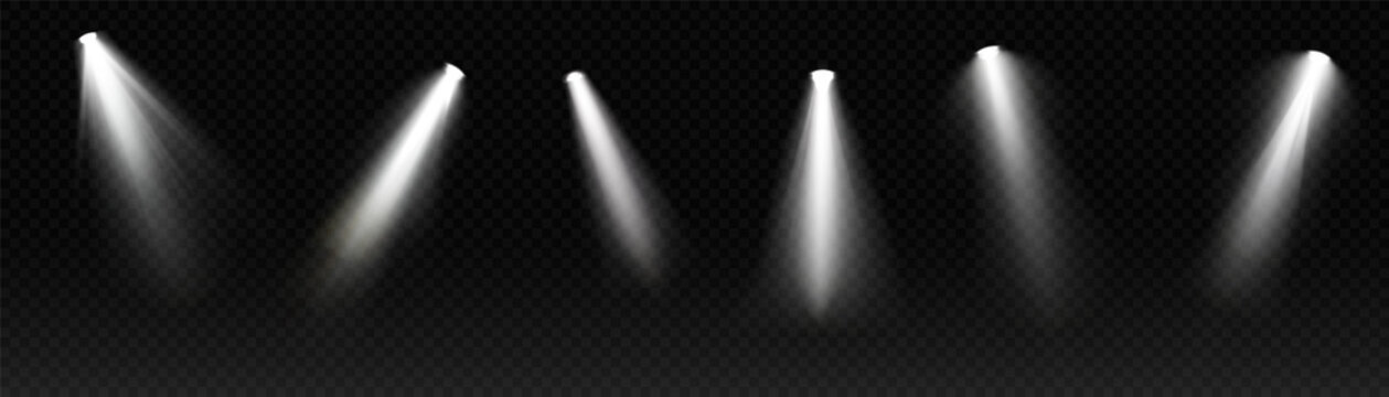 Set of spotlight white light isolated on transparent background. Vector glowing light effect with transparent rays.