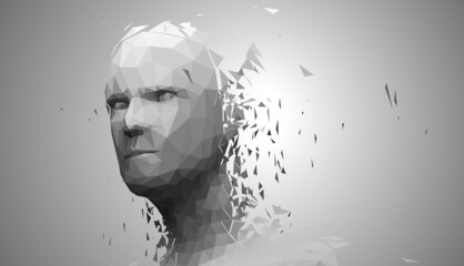 Human head, low poly style 3d vector wireframe object broken into different particles. - obrazy, fototapety, plakaty