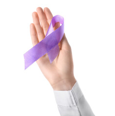 Female hand with lavender awareness ribbon on white background. World Cancer Day