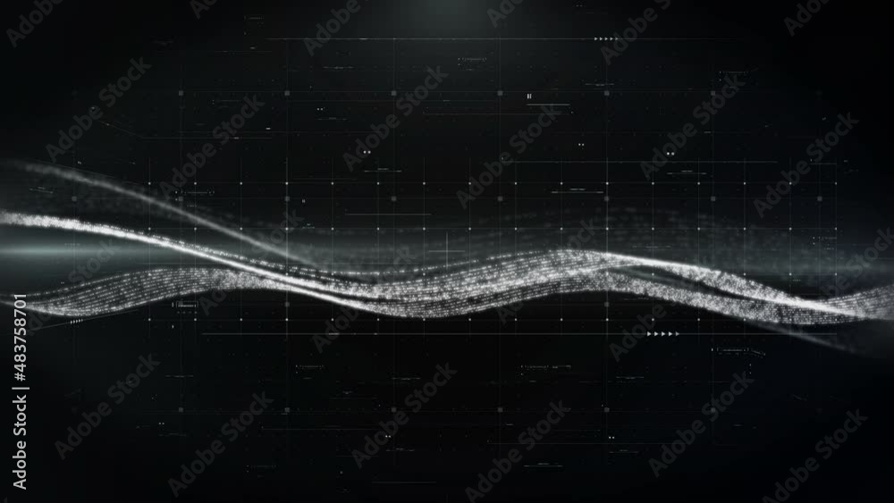 Fototapete Digital Futuristic Line Particle Wave Moving Floating on HUD UI Flicking Data Element Data Analysis 4K Motion Background.