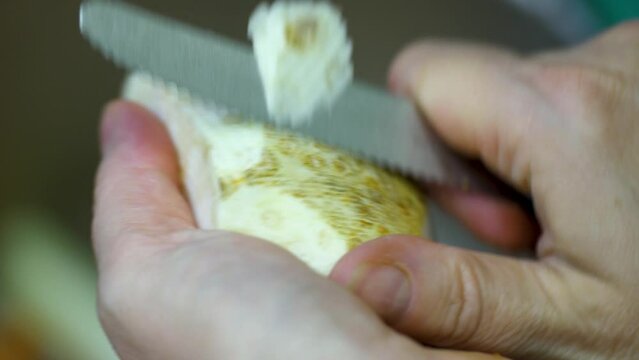 Striping a celeriac root veggie with knife macro