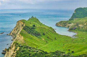 Aerial view of the sheltered Cooks Cove (Opoutama), Tolaga Bay, East Coast, North Island, New Zealand. Captain Cook anchored here in 1769.
