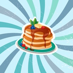 Pancakes or cupcakes on a blue plate. Honey, caramel, butter and berries. Composition on a delicate background. Vector