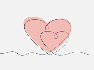 Two hearts. Continuous line drawing. Hand drawn line sketch. Vector design