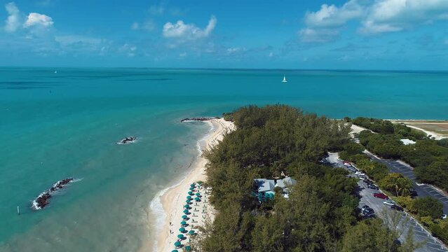 Panning wide landscape of stunning islands at Florida Keys archipelago Florida United States . Tropical skyline. Travel destination.  Turquoise bay water.