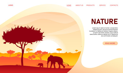 Travel web design of landscape. Concept of website about nature. African elephant silhouette, hills, acacias. Savannah. Tourism, natural explore, online adventure app banner. Vector illustration