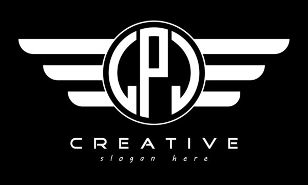 LPJ three letter monogram type circle letter logo with wings vector template.