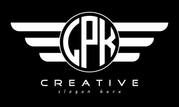 LPK three letter monogram type circle letter logo with wings vector template.