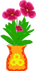 Colorful flower bouquet from orchids and lilies arrangement centerpiece in red vase isolated on white background.