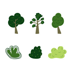 A set of different species of trees and shrubs in a flat style. Vector illustration deciduous and coniferous trees and bushes on white backgrounds.