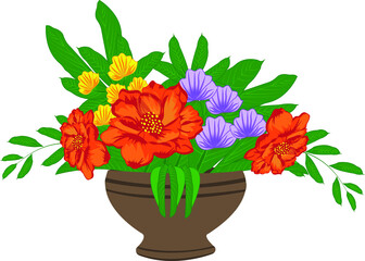 Red, Pink and yellow pansy flowers in a pot isolated on a white background. Vector illustration.