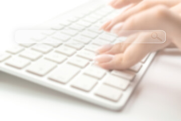 Searching internet. Online website search engine selective focus. Blured hands using computer for searching browsing internet data information networking concept.