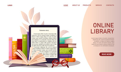 Online library, digital bookstore, reading app, concept web banner. Electronic textbook, reader, books stack on table, open book. Technology download literature read, education. Vector illustration