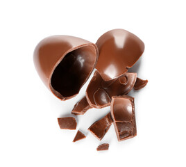 Broken chocolate Easter egg isolated on white background
