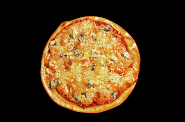 Pizza, traditional Italian snack. Lots of ingredients, cheese, tomatoes, sauce. Top view, round not cut. Isolated on a black background.