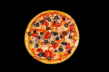 Pizza, a traditional Italian snack. Lots of ingredients, cheese, mushrooms, tomatoes, onions, olives, red bell pepper, sauce. Top view, round, not cut. Isolated on black background.