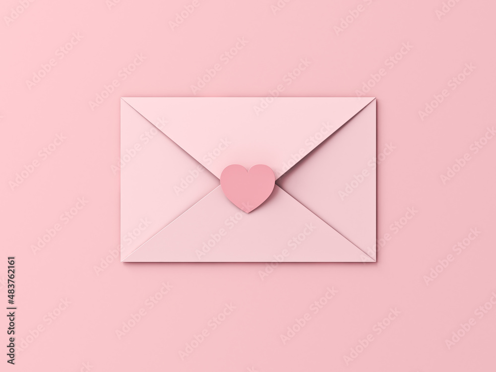 Poster valentines day concept sweet pink envelope with love heart sticker isolated on pink pastel color bac