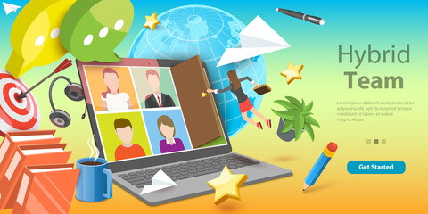 3D Vector Conceptual Illustration of Hybrid Team, Work with Part Time Job from Home and Office