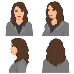 Vector illustration of beautiful woman face on white background. Various turns heads. Face in front view and face in side view