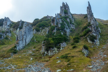 Peaked rocks on the slopes of Mount Shpitsy in the Ukrainian Carpathians.