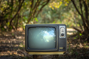 Yellow retro old-fashioned TV in forest background, outdoor