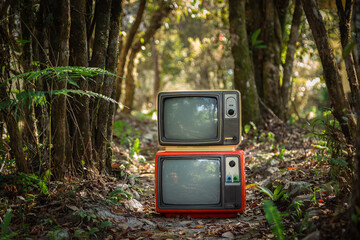 Two vintage televisions stacked in forest background, outdoor