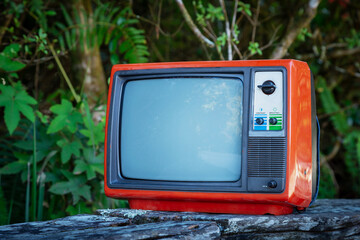 Red retro old TV with green forest background, close-up