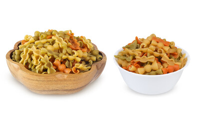 Colorful pasta on isolated white background. Pasta in bowl 