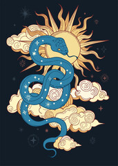 colorful illustration of mystic snake with sun and clouds