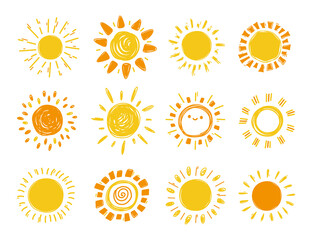 Doodle Suns. Hand drawn Funny Sun Icons Summer Set. Vector illustration