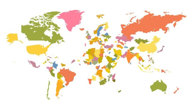 World map animation. Animation of connecting all countries into a whole color world map with borders in the background with an alpha channel. Motion design.