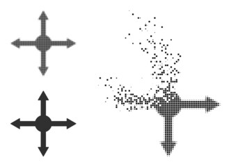 Dispersed dotted expand vector icon with destruction effect, and original vector image. Pixel dissolution effect for expand shows speed and motion of cyberspace items.