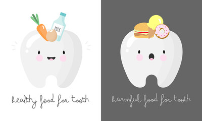 Poster about dental hygiene in cartoon style. The illustration shows funny teeth with healthy food and harmful food. Dental concept for children dentistry and orthodontics. Vector illustration.