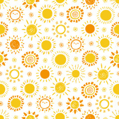 Yellow Orange Sun pattern. Hand drawn doodle Different Bright Suns. Summer Seamless Background for kids. Vector illustration