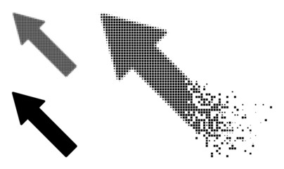 Fractured dot left up arrow vector icon with wind effect, and original vector image. Pixel fragmentation effect for left up arrow demonstrates speed and movement of cyberspace concepts.