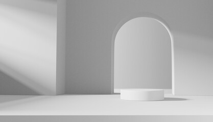 Empty white podium on white color background, Product Stand. 3D Rendering