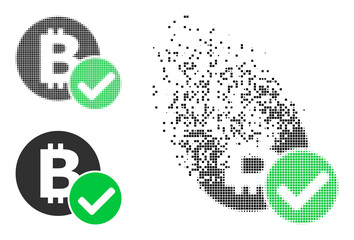 Dissolved dotted accept bitcoin vector icon with destruction effect, and original vector image. Pixel destruction effect for accept bitcoin shows speed and movement of cyberspace objects.