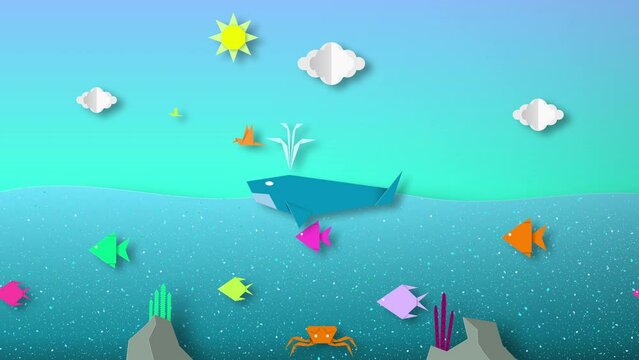 Amazing art scene with paper origami figures, colorful summer template with cutout elements for banners. Birds, fish, crab, whale, clouds and sun style crafted world, animation loop stock video.