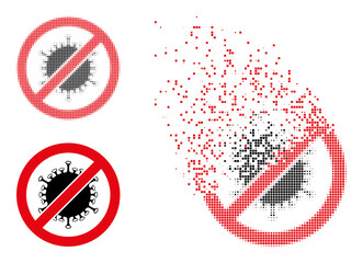 Dissolved dotted stop covid infection vector icon with destruction effect, and original vector image. Pixel dust effect for stop covid infection shows speed and movement of cyberspace matter.