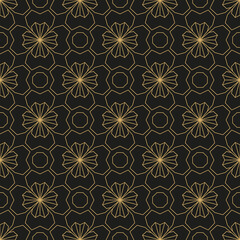 Geometric golden ornament. Seamless pattern on black background.