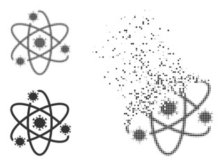 Dispersed pixelated atom viruses vector icon with wind effect, and original vector image. Pixel destruction effect for atom viruses shows speed and movement of cyberspace things.