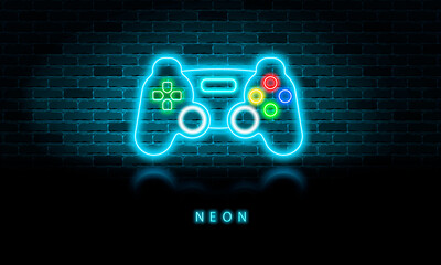 Neon game joystick icon with reflection on a brick wall background, vector illustration