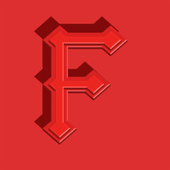 Red letter F initial logo 3d gothic monogram with shadow on red background, ancient latin identity calligraphic symbol.