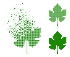 Naklejka na ściany i meble Dispersed dot grape leaf vector icon with wind effect, and original vector image. Pixel explosion effect for grape leaf demonstrates speed and movement of cyberspace matter.