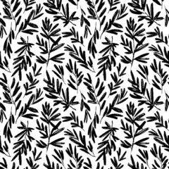Abstract leaves silhouettes seamless pattern. Hand drawn black leaf with scribble rough textures. Plant motif with branch silhouettes, decorative brush twigs. Black ink texture with foliage.