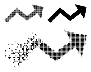 Dispersed pixelated growing trend arrow vector icon with wind effect, and original vector image. Pixel dissipating effect for growing trend arrow shows speed and motion of cyberspace concepts.