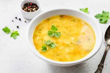 Lentil yellow vegetable soup. Top view, copy space.